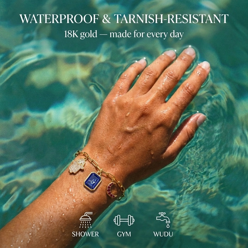 Waterproof 18K gold Habiba charm bracelet worn in water — shower, gym, wudu safe